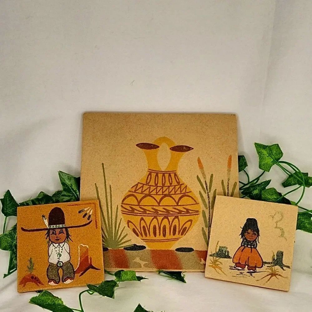 Native American. Sand Pottery. Coaster Set. Authentic. Like New